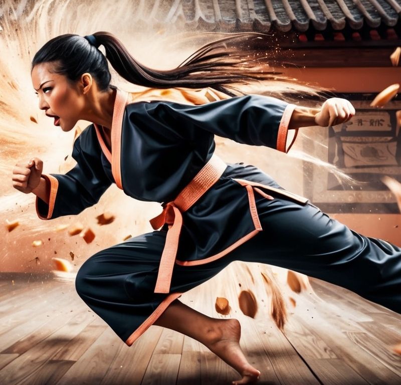 Peach Precision: A Martial Arts Maestro Unleashing Dynamic Mayhem