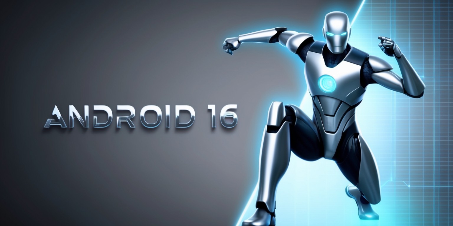 A futuristic digital illustration of a sleek, silver android, designated as Android 16, posed in a heroic stance, with a subtle glowing blue circuitry pattern visible beneath its metallic skin, set against a muted, dark grey background that gradates to a soft, electric blue at the edges, with the android's name 