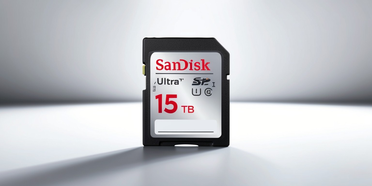 A highly detailed, photorealistic illustration of a SanDisk Ultra 1.5TB microSD card, prominently centered on a clean, white background, with subtle, soft-box lighting that accentuates its sleek, compact design and slight curvature, showcasing the manufacturer's logo and branding in bold, silver font with a subtle gradient effect, alongside the capacity and product name in smaller, yet crisp, black text, with a subtle sheen to the plastic casing, and a slight shadow underneath, giving the impression of depth and dimensionality.