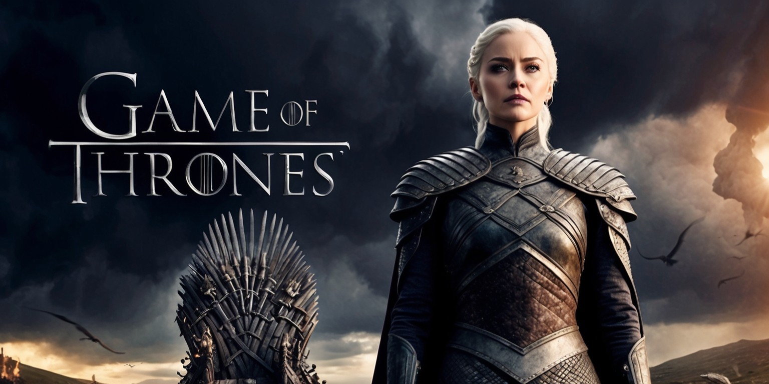 A dark, mystical, and epic scene from the Game of Thrones universe, set against a brooding, ominous sky with clouds of dark grey and purple hues, as if a storm is brewing. In the foreground, a regal and powerful figure, possibly Daenerys Targaryen or Jon Snow, stands tall, with intricate, ornate armor and a determined expression, showcasing strong facial features, piercing eyes, and defined jawlines, with skin tones ranging from pale to golden. The atmosphere is tense, with a sense of foreboding, as if the fate of the Seven Kingdoms hangs in the balance. The style is reminiscent of a fantasy movie poster, with bold brushstrokes, rich textures, and majestic typography, possibly featuring the iconic Iron Throne or a dragon in the background, with warm golden light casting long shadows, and subtle hints of magic and wonder.