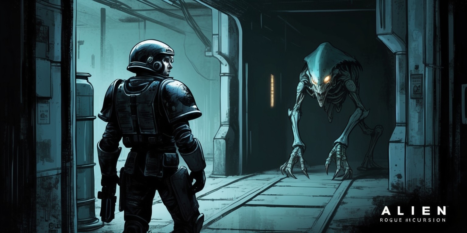 A hauntingly dark and atmospheric digital illustration depicting a scene from the Alien: Rogue Incursion game, set in a gritty, industrial environment with dimly lit corridors and eerie shadows. The dominant color palette consists of muted grays, blues, and greens, evoking a sense of foreboding and tension. In the foreground, a lone space marine, dressed in worn and battered armor, stands cautiously, gazing down a dimly lit hallway, their expression a mix of fear and determination. The alien creature, with its sleek, biomechanical body, lurks in the shadows, its eerie, glowing eyes fixed menacingly on its human prey. The illustration style is reminiscent of a dark, gritty comic book, with heavy shading and bold lines. The atmosphere is thick with tension, as if the viewer is about to step into the ominous world of Alien: Rogue Incursion.