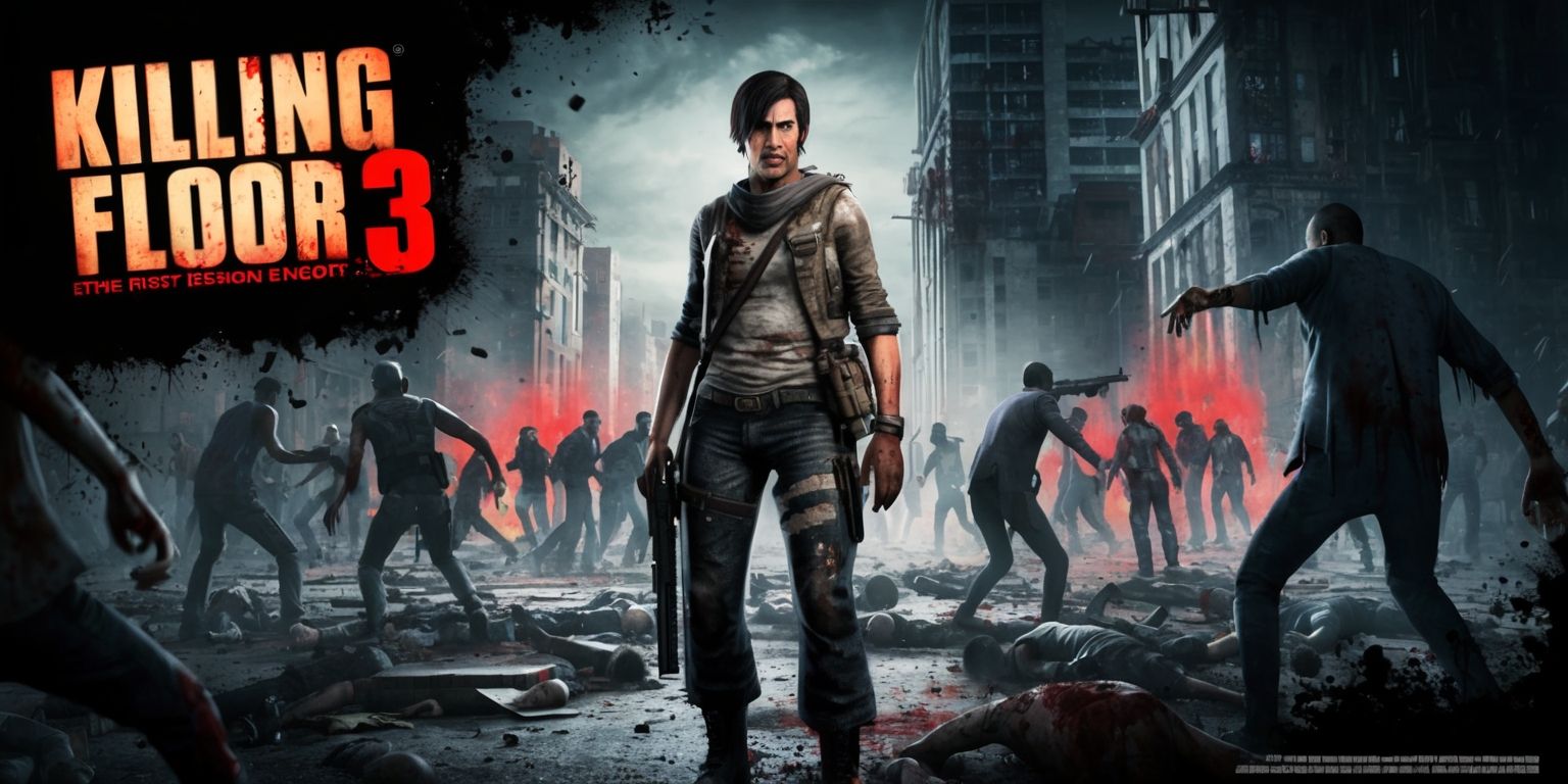 A screenshot from the first-person shooter game Killing Floor 3, set in a dark and gritty post-apocalyptic environment, with a survivors versus zombies theme, featuring a medium shot of a character dressed in tattered clothing and equipped with a firearm, standing in the center of a desolate and ruined cityscape, with a horde of zombies in the background, the character having a determined expression on their face, with a mix of cool and warm colors such as dark blues and grays, and splashes of red from the zombies, the overall style is realistic and gory, with a focus on the intense action and horror elements of the game, the layout is dynamic with the character and zombies filling the frame, and the game's logo is visible in the top left corner in a bold and bloody font.