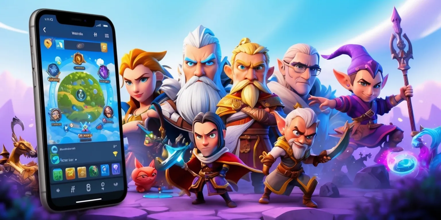 A vibrant and dynamic mobile RPG game scene with a large touchscreen smartphone display, showcasing a beautifully designed fantasy world with intricate details, set against a soft gradient blue and purple sky, featuring a variety of colorful characters, each with unique facial features, skin colors, and attributes, such as a brave warrior with a strong jawline and piercing blue eyes, a wise mage with a long white beard and spectacles, and a agile rogue with a mischievous grin and pointed ears, surrounded by magical creatures, spells, and weapons, with a user interface that includes a navigation menu, a mini-map, and a chat log, all rendered in a stunning 3D animation style with realistic lighting effects and subtle texture overlays.