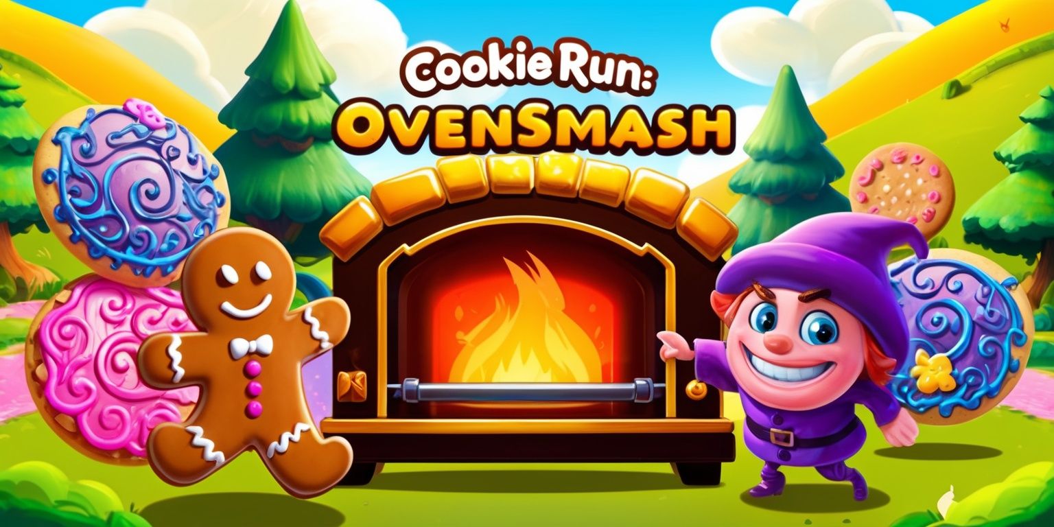 A colorful digital illustration of the Cookie Run: OvenSmash game, featuring a vibrant fantasy world with rolling hills and towering trees, a large oven in the center with cookies and characters from the game surrounding it, including a brave gingerbread man with a determined expression and a mischievous imp cookie with a sly grin, the characters are rendered in a stylized cartoon style with bold lines and bright colors, the background is a warm sunny yellow with fluffy white clouds, the oven is a deep brown with golden accents and a fiery glow emanating from within, the cookies are decorated with intricate designs and swirling patterns in shades of pink, blue, and purple, the overall atmosphere is lively and playful with a sense of excitement and adventure.