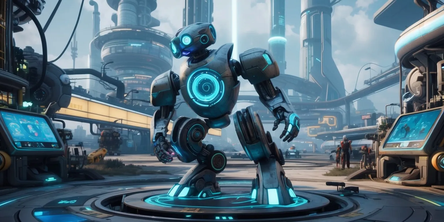 A futuristic, high-tech world with industrial aesthetics, featuring a robotic artificial companion with glowing blue circuits and metallic skin, reminiscent of Pokémon's Porygon, set against a backdrop of neon-lit factories, sleek skyscrapers, and vast, open landscapes, with intricate details of gadgets, machinery, and advanced technology, and a color palette dominated by shades of blue, grey, and silver, with accents of bright, vibrant colors, and a sense of depth and layering, with the companion and player character engaged in resource gathering, habitat construction, and exploration, surrounded by holographic interfaces, screens, and futuristic tools, with a focus on texture, lighting, and atmospheric effects to create a richly immersive and visually stunning environment.