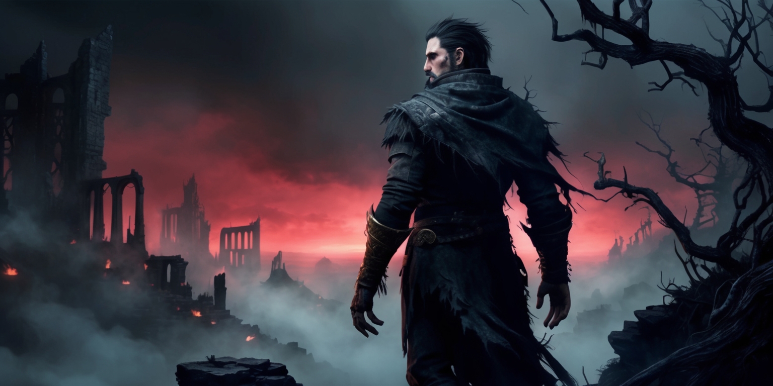 A dramatic, high-fantasy illustration depicting the dark, gothic world of Path of Exile 2, set against a foreboding, mist-shrouded background with remnants of ancient, ruined structures and twisted, gnarled tree branches. In the foreground, a lone, mysterious exile, clad in tattered, dark attire, stands at the edge of a precipice, gazing out into the ominous, crimson-hued horizon. The exile's facial features are strong, with piercing, determined eyes, a resolute jawline, and an air of weariness, as if burdened by the weight of their own destiny. The atmosphere is tense, with subtle, flickering lights and eerie, glowing runes etched into the surrounding environment, hinting at the game's themes of exile, discovery, and the struggle for survival in a forsaken realm.