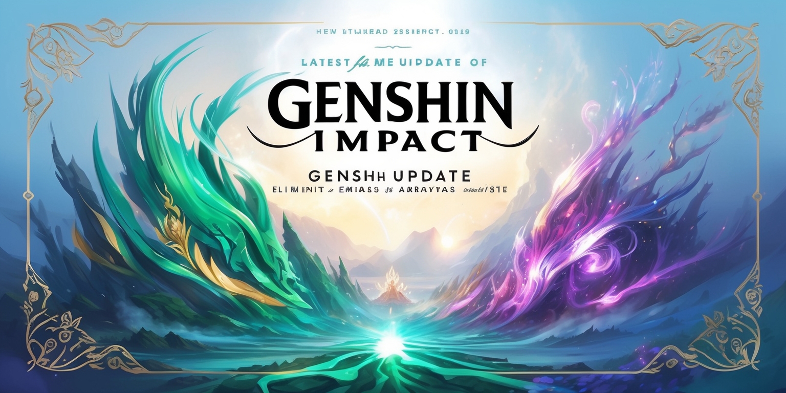 <updated_prompt>
A vibrant, digitally painted illustration depicting the latest game update of Genshin Impact, set against a soft, gradient blue background, evoking a sense of adventure. In the foreground, a majestic, glowing elemental realm unfolds, with intricate, swirling patterns in shades of emerald, amethyst, and gold. The update's key features and characters are showcased prominently, with bold, cursive font highlighting the main attractions. A delicate, ornate border frames the scene, adorned with subtle, mystical symbols and motifs inspired by the game's fantastical world. The entire composition exudes an air of excitement and discovery, inviting viewers to explore the new content and updates within the beloved game.