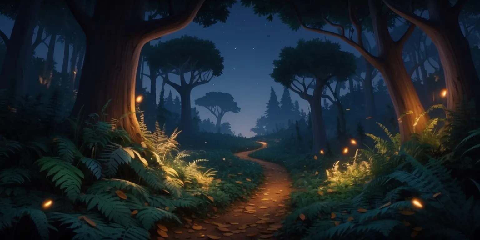 A mystical forest landscape at dusk with a subtle warm glow, inspired by the atmosphere of the 99 Nights in the Forest game, featuring dense foliage with tall trees, their branches stretching towards the sky like nature's cathedral, a carpet of leaves and ferns covering the ground, with fireflies dancing around, casting a magical ambiance, the sky above a deep shade of indigo with stars beginning to twinkle, a sense of adventure and mystery pervades the scene, with a winding path disappearing into the darkness, inviting exploration, the overall mood is one of enchantment and discovery.