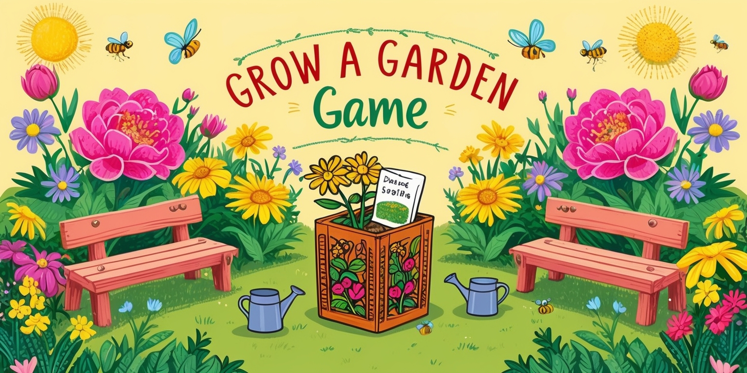 A whimsical illustration of a Grow a Garden game, set against a warm, sunny background with a soft, creamy yellow tone, featuring a beautiful, lush garden filled with vibrant flowers, including bright pink peonies, sunshine yellow daisies, and lavender-blue forget-me-nots, surrounded by lush greenery and wooden garden benches, with a few butterflies and bees flying around, adding a touch of magic, and in the center, a small, intricately designed wooden planter box with a packet of seeds and a watering can nearby, waiting to be used, all drawn in a colorful, dreamy, folk-art style with bold lines, delicate textures, and playful patterns.