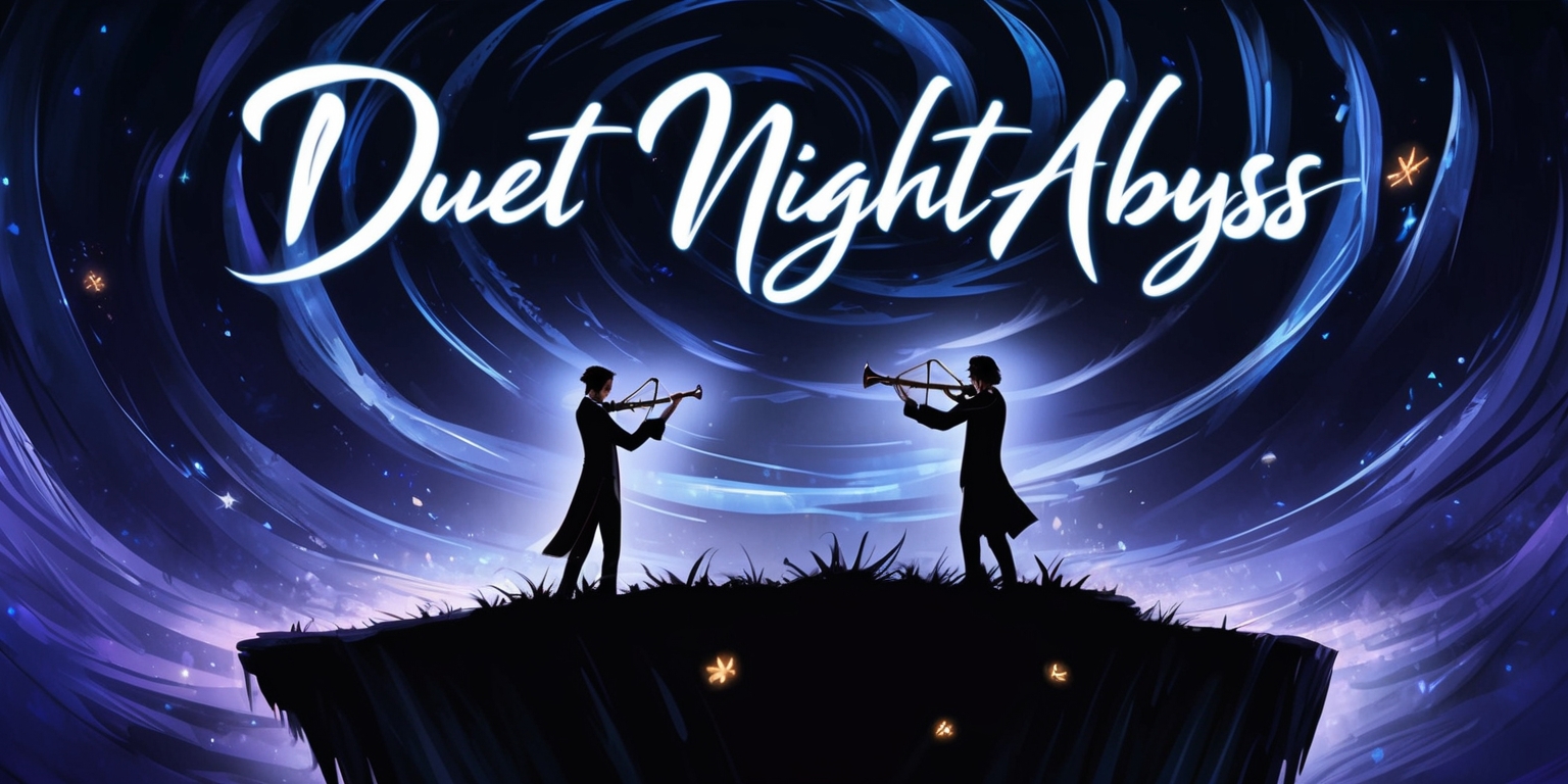 A dark, mystical illustration of a duet performance set against the backdrop of a deep, starry night abyss, with two musicians standing at the edge of a cliff, their silhouettes illuminated by the soft glow of luminescent fireflies and the faint light of distant stars, the musicians' faces filled with intense emotion as they play their instruments in perfect harmony, the night sky above a swirling vortex of deep blues and purples, with the game's title Duet Night Abyss emblazoned in bold, cursive script across the top of the image in a bright, shimmering silver color that seems to dance across the darkness.
