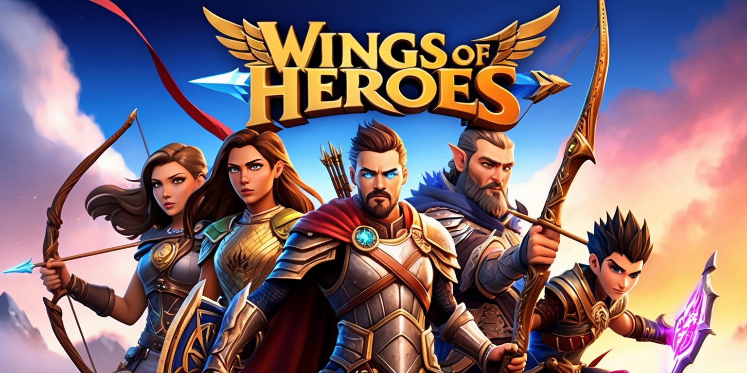 A dramatic fantasy illustration of the Wings of Heroes game, set against a vibrant sky with clouds and a sunset backdrop, featuring a group of brave heroes with diverse facial features and skin colors, including a strong female warrior with long brown hair and a determined expression, a male archer with a rugged beard and piercing blue eyes, and a young mage with short spiky black hair and an intense gaze, all wearing intricately designed armor and holding powerful magical artifacts, with the game's logo boldly displayed in a curved line above the heroes, in a stylized font with golden colors and bold lines, surrounded by subtle game-themed elements such as swords, shields, and mythical creatures, all blended together in a dynamic composition with a sense of movement and energy.