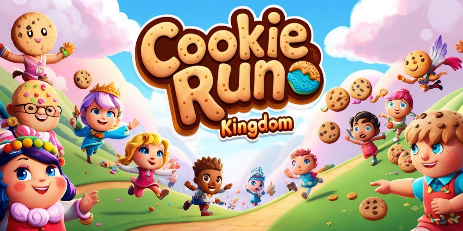 A vibrant and colorful digital illustration of the Cookie Run: Kingdom game, featuring a variety of cookie characters with diverse facial expressions and intricate details, set against a warm and inviting background with rolling hills and fluffy white clouds, with the game's logo prominently displayed in a bold, curly font with bright colors, and the characters engaged in various activities such as running, jumping, and interacting with each other, with a mix of soft pastel colors and rich textures, and a sense of movement and energy throughout the scene, with the overall style reminiscent of a fantasy anime or cartoon, and the characters' skin tones ranging from warm beige to soft pink, with unique attributes such as colorful hair and accessories.