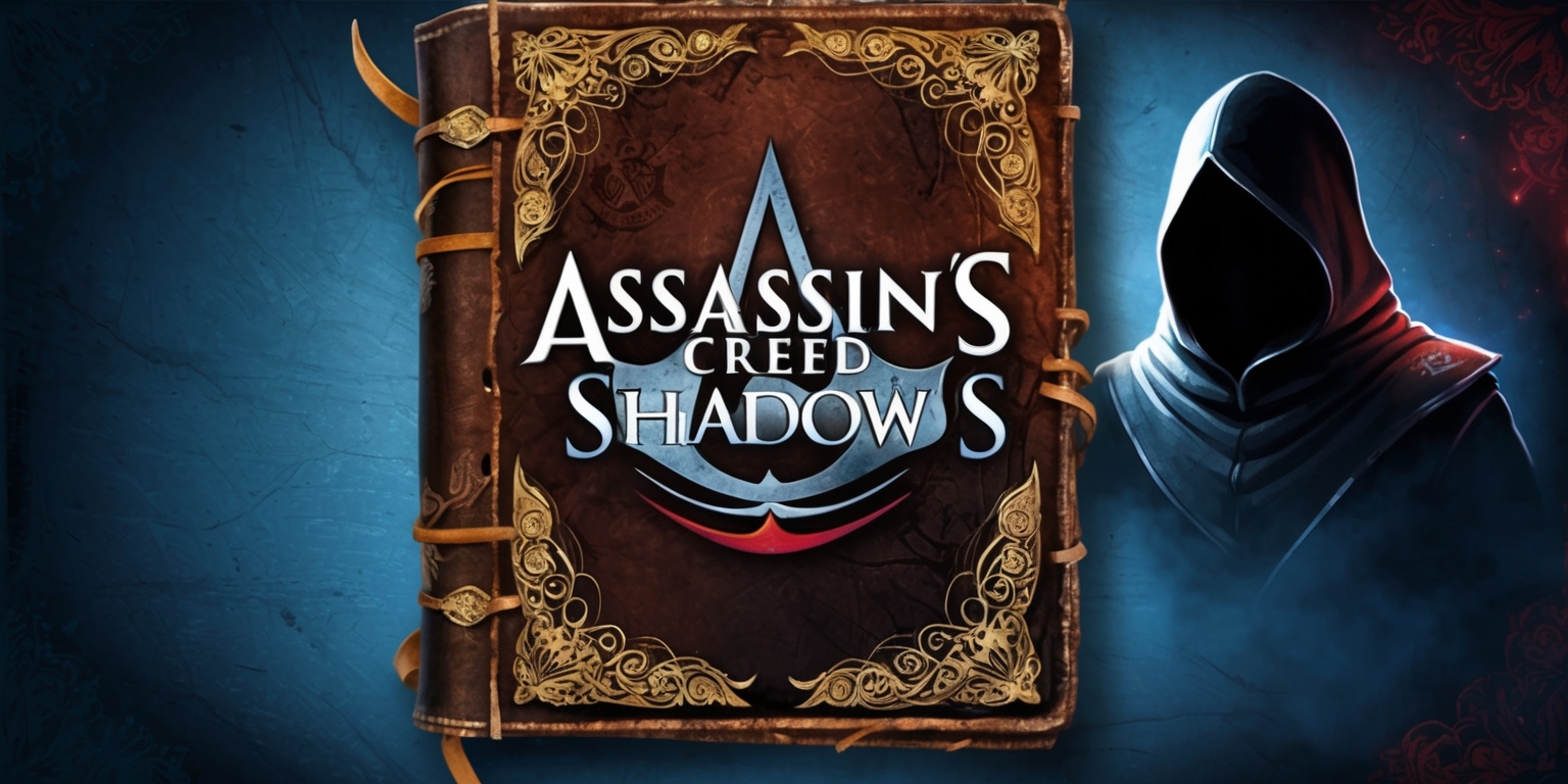 A mystical, antique-inspired illustration of a worn, leather-bound game guide for Assassin's Creed Shadows, adorned with intricate, golden filigree and subtle, debossed patterns, set against a dark, gradient blue background that evokes a sense of mystery and ancient knowledge, with the game's title emblazoned in bold, modern sans-serif font with subtle, ornate flourishes at the font tips, in a metallic silver color that seems to shimmer in the light, accompanied by a silhouette of a hooded assassin figure in the background, shrouded in shadows, with a subtle, crimson glow emanating from the edges of the page, as if lit by an otherworldly force.