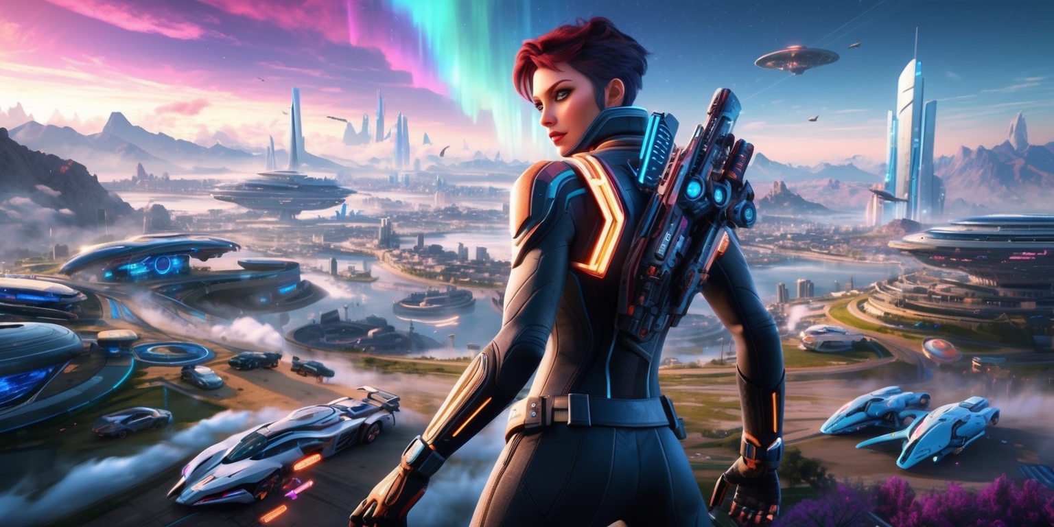 A dynamic, futuristic scene depicting a sprawling open-world landscape, avec a fusion of vibrant colors, sleek architecture, and advanced technology, set against a backdrop of breathtaking scenery, with a prominent, customizable protagonist character in the foreground, sporting an edgy, high-tech suit, embellished with glowing accents, and wielding an impressive arsenal of futuristic gadgets, amidst a scattered array of futuristic vehicles, robots, and towering skyscrapers, with subtle hints of a deeply immersive storyline, and a subtle glow of an otherworldly aurora permeating the atmosphere, with a mix of cinematic realism and stylized, exaggerated details, showcasing the game's limitless possibilities and endless exploration.
