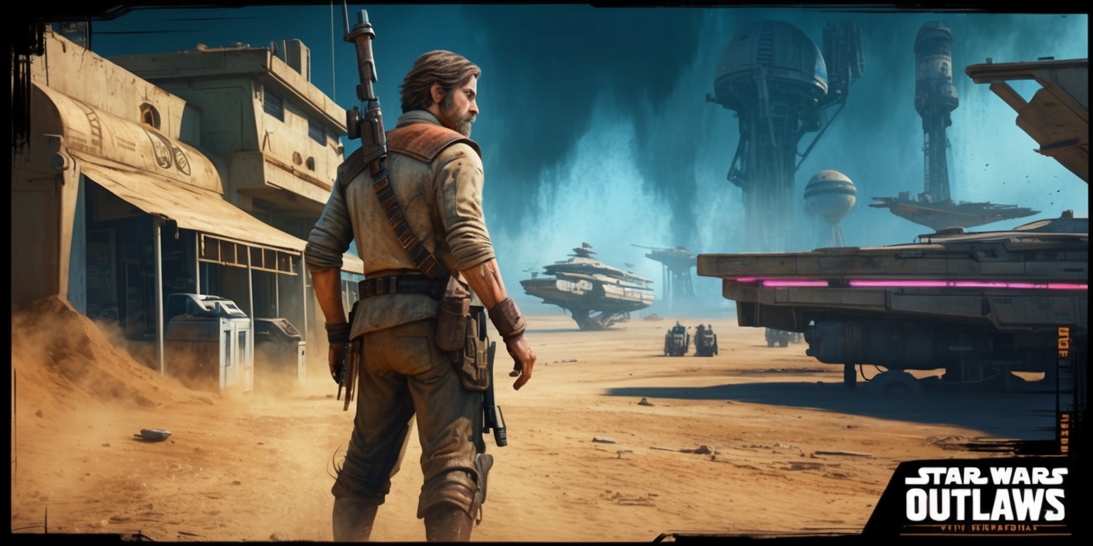 A gritty, cinematic digital illustration depicting a scene from the Star Wars Outlaws game, set in a dystopian, high-stakes galaxy, with a focus on a lone outlaw, a rough-around-the-edges smuggler, standing at the edge of a dusty, rundown spaceport, surrounded by worn, sandy-brown buildings and battered, retrofitted ships, with a worn, vintage-inspired blaster slung over their shoulder, gazing out into the distance, their weathered, sun-scorched skin and tattered, earth-toned clothing a testament to their rugged, nomadic lifestyle, against a backdrop of deep, foreboding blues and oranges, with subtle, neon-lit accents hinting at the seedy underworld of the Star Wars galaxy, and the outlaw's gaze reflecting a mix of determination and desperation, as they prepare to take on the next high-risk job in a harsh, unforgiving universe.