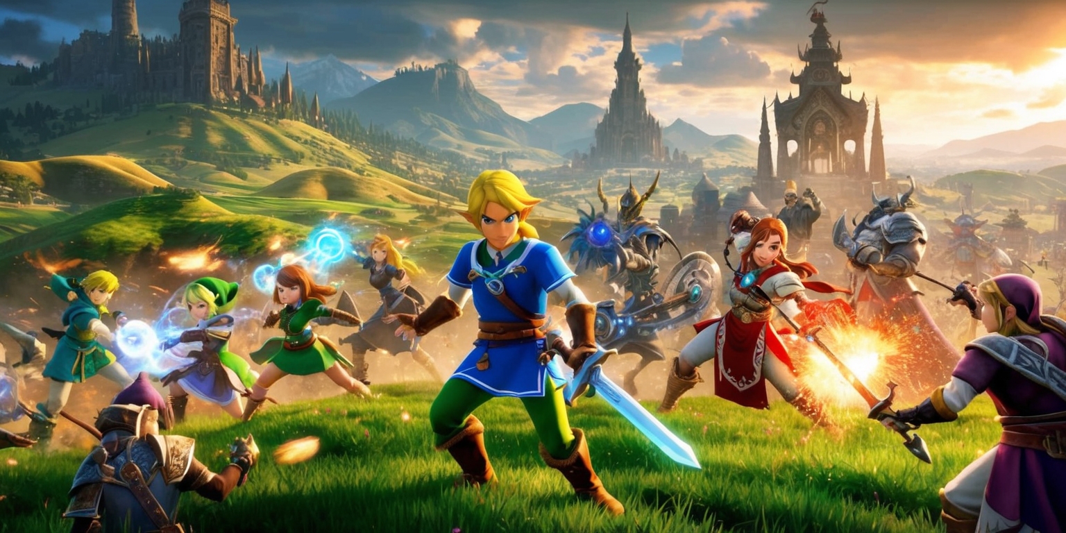 A vibrant and action-packed scene from Hyrule Warriors: Age of Imprisonment game, set in a fantastical medieval world with intricate details, featuring a Vast open landscape with rolling hills and towering spires, a plethora of iconic characters from the Legend of Zelda series, including Link, Zelda, and Ganondorf, with dramatic lighting, and a mix of earthy tones, such as greens and browns, with bursts of vibrant colors, showcasing the game's dynamic combat and magical effects, with a focus on the characters' facial features, armor, and weaponry, and the chaotic yet beautiful scenery, with a sense of intensity and energy, and a hint of mythical and mystical elements, blending fantasy and adventure, in a stylized and detailed visual representation.