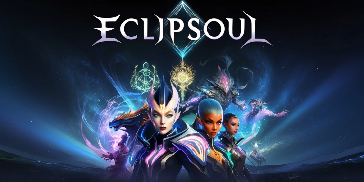 A surreal, dreamlike scene depicting the Eclipsoul game, with a dark, gradient blue background and hints of vibrant, celestial colors, showcasing a mix of fantasy and science fiction elements, including intricate, glowing symbols and mysterious, ethereal creatures, with a sense of dynamic movement and energy, as if the game's world is coming alive, with bold, neon accents and subtle, shimmering textures, and in the foreground, a few, key characters from the game, with striking, angular facial features and diverse, radiant skin tones, dressed in elaborate, futuristic attire, with sharp, defined lines and dramatic, sweeping poses, set against a vast, starry expanse, with a sense of depth and dimensionality, and at the top, the game's logo, in a stylized, cursive font, with shimmering, silver letters and a subtle, pulsing glow.