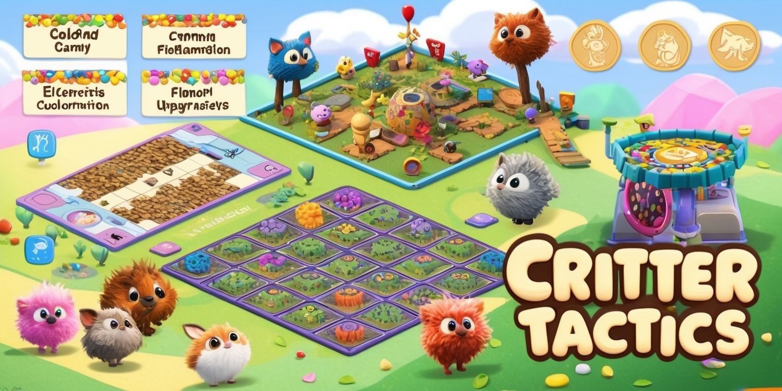 A whimsical digital game scene featuring adorable critters with varied fur textures and bright expressive eyes, set against a soft pastel background with fluffy white clouds, showcasing a mix of tactical battle grids and extensive camp customization options, with resources such as colorful Candy and redeemable in-game codes displayed prominently, a unique pinball mechanism for upgrades visible in the corner, and social integration elements like code redeeming and community collaboration icons, all blended together in a charming aesthetic with creamy font styles and cursive typography, emphasizing the game's name Critter Tactics in bold, curly letters.