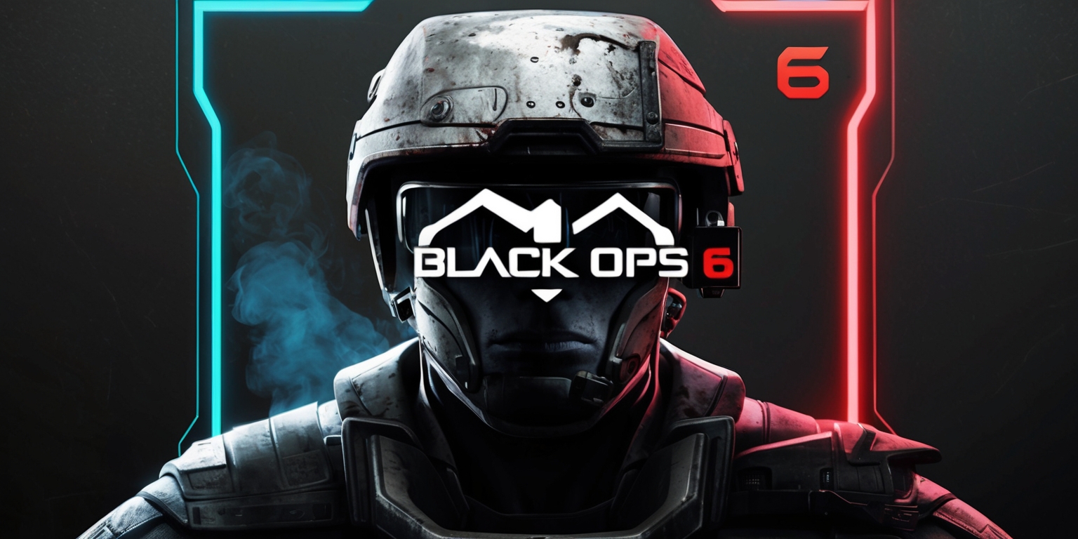 A dark, gritty, and futuristic video game cover art for Black Ops 6, set against a dark gray or black background with neon blue and red accents, featuring a worn, metallic, and high-tech soldiers' helmet with a tinted visor, slightly tilted to the side, surrounded by subtle, eerie smoke effects, with the game's logo emblazoned on the helmet's forehead in bold, metallic silver font with sharp, angular lines, and the number 6 written in a stylized, modern, and bold red font above the logo, with a sense of intensity, mystery, and high-stakes action conveyed through the overall design, hinting at a thrilling and immersive gaming experience.