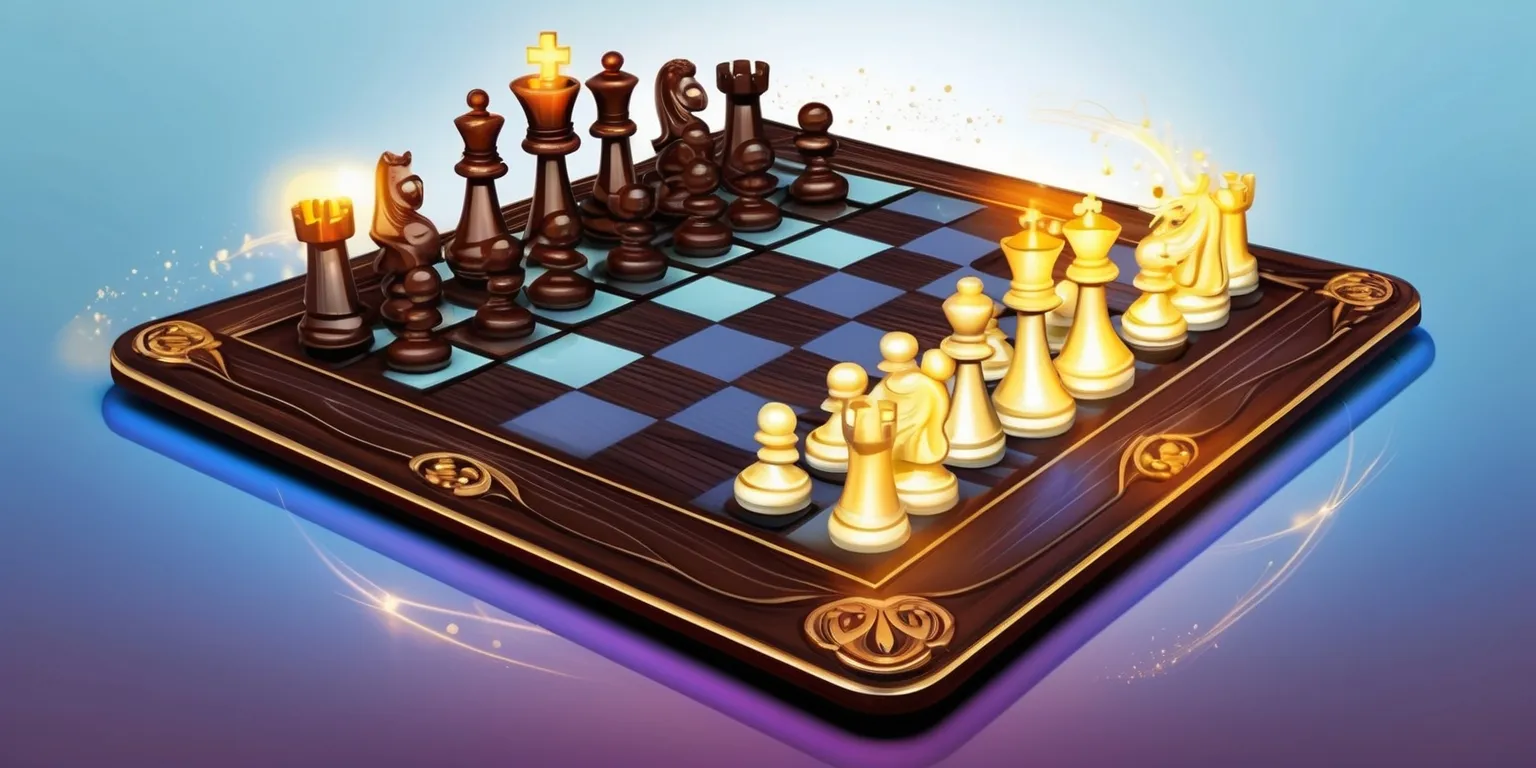 A vibrant and dynamic digital illustration of a Magic Chess board merged with a Go game, featuring intricate wooden chess pieces with magical auras and glowing Go stones on a large, ornate, dark brown wooden board with subtle grain textures, set against a soft, gradient blue background that transitions to a deep purple towards the top, with the chess pieces and Go stones arranged in a competitive mid-game layout, surrounded by subtle, shimmering magical effects and gentle, golden lighting, with the overall style blending traditional and fantastical elements, and the board positioned centrally in the frame, with a slight perspective to convey depth and immersion.