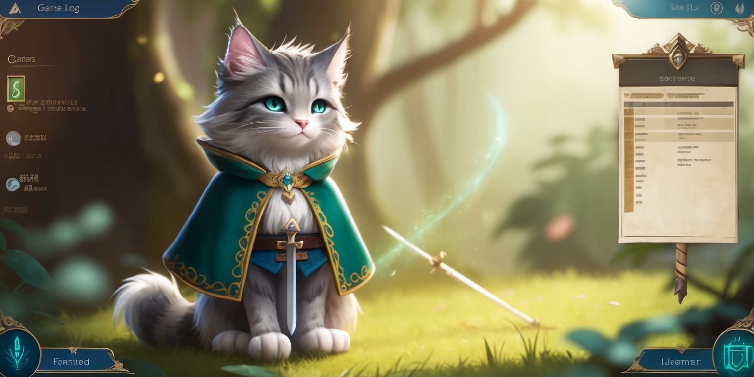 A serene and vibrant digital illustration of a fantasy role-playing game scene, set in a lush forest with a faint glow of magical aura, featuring a regal feline character with piercing emerald eyes, fluffy grey and white fur, and a delicate pink nose, dressed in a miniature cape with intricate golden trim, standing idle with a sword by its side, surrounded by subtle hints of RPG game elements such as a partially visible quest log, character stats, and a skill tree, with a soft focus background and warm color palette, incorporating a mix of realistic and stylized art styles, and a sense of depth and dimensionality.