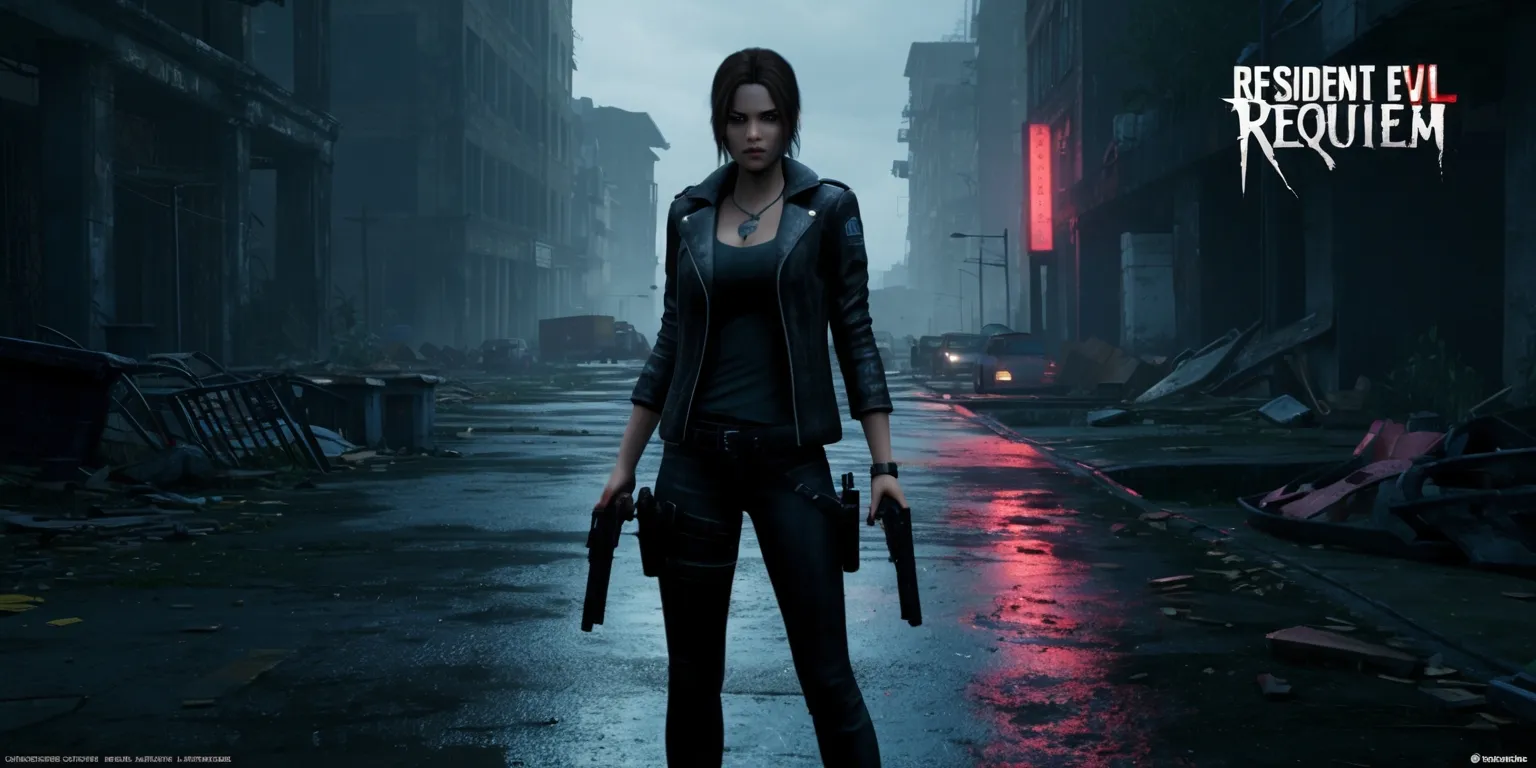 A haunting scene from the Resident Evil Requiem game, set in a dark and abandoned cityscape with crumbling buildings and debris-filled streets, featuring a mix of horror and action elements, with a prominent figure of Alice, the main protagonist, standing in the foreground, wearing a black leather jacket and wielding a pair of guns, with a determined expression on her face, and a faint glow of neon lights reflecting off the wet pavement, with a ominous atmosphere and a sense of foreboding, incorporating a blend of realistic and stylized visuals, with muted colors and deep shadows, and a cinematic composition, with the character centered and the cityscape stretching out into the background.