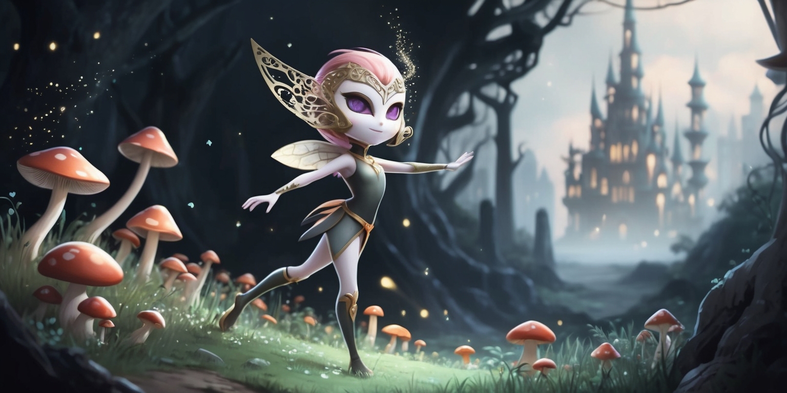 A whimsical illustration of the protagonist Hornet from the game Hollow Knight: Silksong, standing heroically in a mystical, ancient forest filled with glowing mushrooms and twinkling fireflies, with a soft, ethereal glow surrounding her, her delicate, pale skin and intricately designed mask contrasting with the dark, muted tones of the environment, her slender, agile body poised for action, with a subtle, enigmatic smile on her face, and a sprinkle of stardust in her hair, as she gazes out at a distant, shimmering horizon, with the game's iconic, hauntingly beautiful architecture looming in the background, and a sense of wonder, adventure, and discovery emanating from the entire scene.