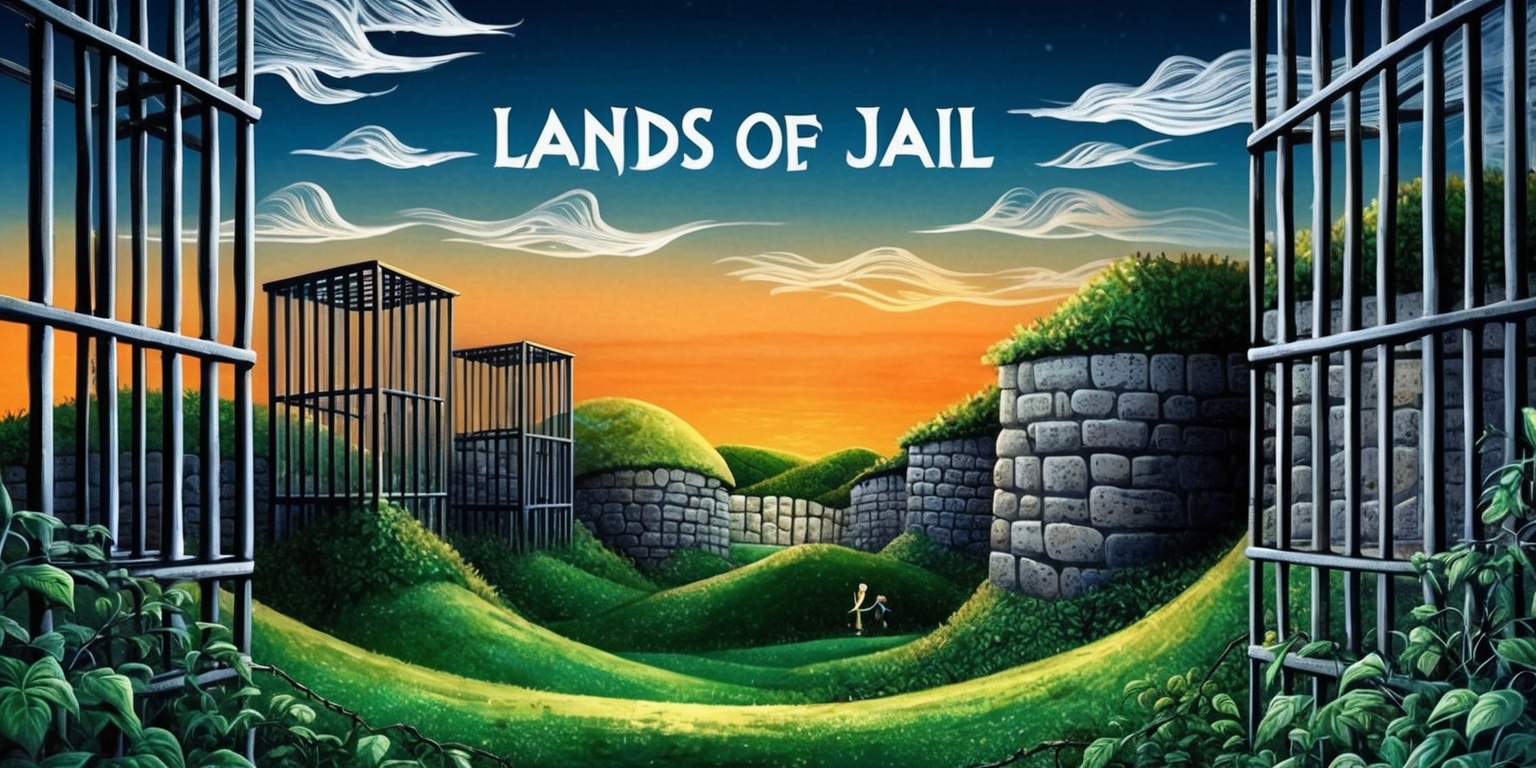 A fantasy-themed illustration depicting the surreal world of Lands of Jail, a mysterious realm where prison cells morph into lush landscapes, with iron bars twisting into vines and stone walls transforming into rolling hills, set against a gradient sky of deep blues and fiery oranges, with wispy clouds resembling shackles, as a subtle nod to the penal theme, in a whimsical, dreamlike style reminiscent of classic children's book art, with bold lines, vibrant colors, and intricate textures, perhaps featuring a lone figure in the distance, small and inconsequential, yet evocative of hope and freedom, with no prominent logos or text, but subtle hints of ancient runes etched into the walls, whispering secrets to those who dare to venture into this strange, enchanted world.