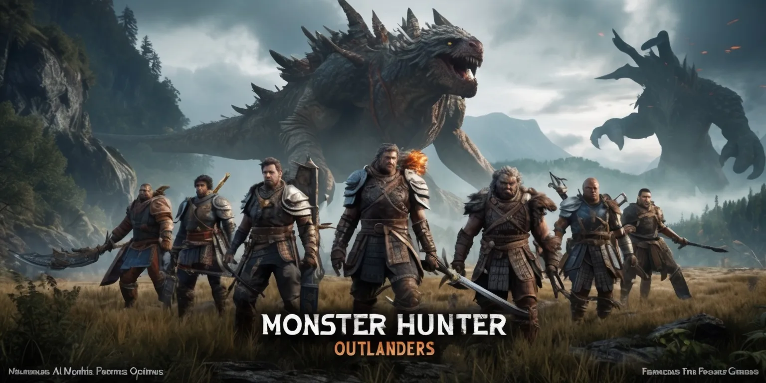 Epic promotional key art inspired by Monster Hunter Outlanders, featuring a diverse team of rugged monster hunters in detailed fantasy armor standing in a vast wild landscape, massive ancient monsters emerging through misty forests and rocky cliffs, dramatic cinematic lighting, dynamic action composition, weathered weapons and layered gear, vivid natural colors with deep greens, earthy browns, steel blue, and fiery orange highlights, highly detailed creature anatomy, atmospheric particles, sweeping scale, polished AAA video game concept art, sharp focus on the hunters and central monster, wide panoramic framing, adventurous and immersive mood