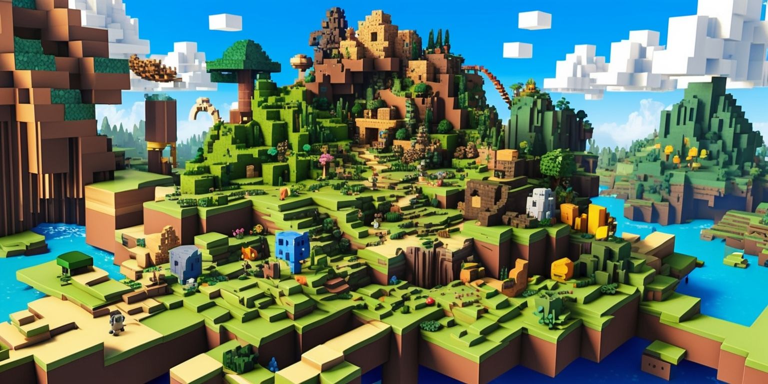 A vivid and detailed digital artwork of the Hytale game, showcasing a lush and vibrant fantasy world with blocky pixelated terrain, intricate cave systems, and diverse biomes, featuring a variety of creatures and characters from the game, with a mix of earthy tones such as green, brown, and beige, and brighter colors like blue and yellow, in a stylized and dynamic composition, with bold lines and textures, set against a clear blue sky with fluffy white clouds, and incorporating the game's distinctive visual elements, such as low-resolution graphics and cubic structures, with a sense of adventure and exploration, and a focus on the game's unique art style and aesthetic.