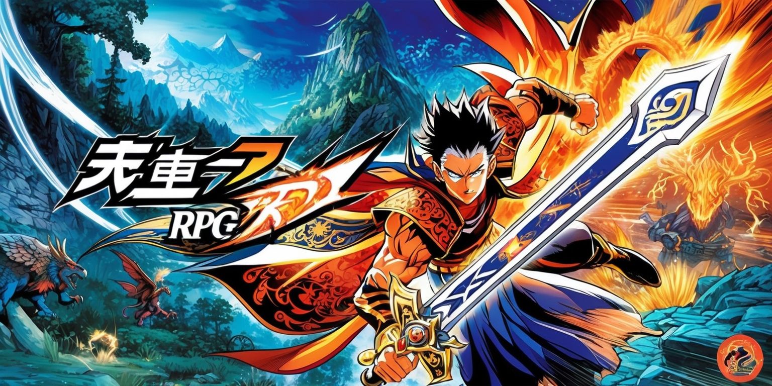 A vibrant manga-inspired illustration of a dynamic scene from an action RPG game, with bold lines, exaggerated character proportions, and dramatic lighting, set against a richly detailed fantasy world backdrop with towering mountains, ancient forests, and mystical energies, featuring a central hero figure with striking facial features, athletic build, and intricate costume design, wielding an iconic sword with glowing runes, surrounded by mythical creatures, magical effects, and atmospheric textures, blending traditional Japanese aesthetics with modern digital art styles, in a mesmerizing color palette of deep blues, fiery oranges, and radiant yellows, with bold typography and logos integrated into the composition, capturing the essence of epic quests, legendary battles, and unforgettable adventures.
