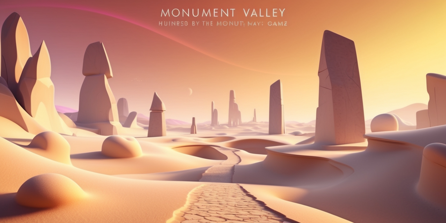 A serene and mystical landscape inspired by the Monument Valley game, featuring a surreal and dreamlike environment with abstract rock formations and impossible geometry, set against a warm and vibrant orange-yellow sky with subtle gradient shades of pink and purple, and in the foreground, a delicate and intricate pathway winds its way through the valley, with gentle sandstone textures and subtle shading, surrounded by majestic and towering sandstone monuments that defy gravity and blur the boundaries of reality, with a sense of depth and scale that draws the viewer into the mystical world, and the entire scene is bathed in a soft and warm golden light that accentuates the textures and colors of the environment.